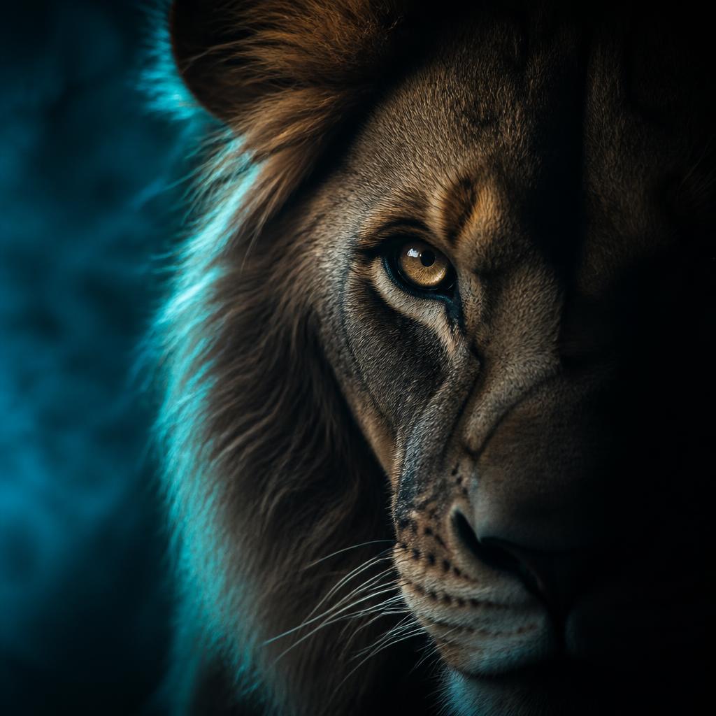 Lion at rest in low teal light